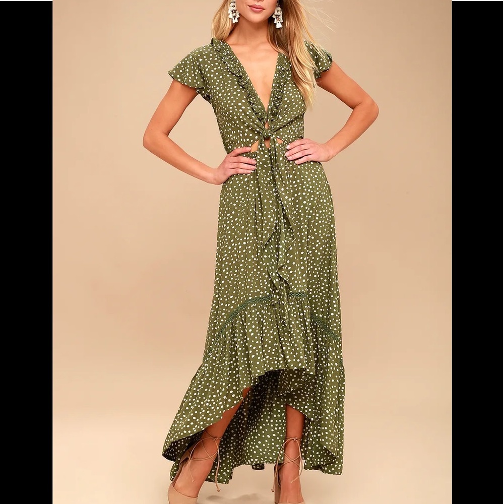 Kivari Olive Green Polka Dot Tie Front Maxi Dress